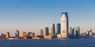 Jersey City, New Jersey, Skyline From Across New York Harbor.