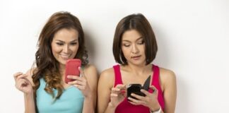 two pretty girls using dating apps
