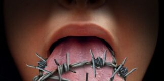 Freedom of speech crisis concept and censorship in expression of ideas symbol as a human tongue wrapped in old barbed wire as a metaphor for political correctness pressure to restrain free talk or limit communication.