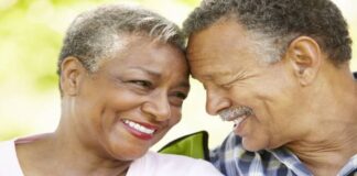 Senior couple with a happier marriage smiling at each other.