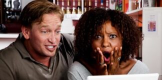 a man and a woman showing different reactions to online dating