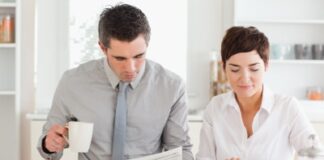 a working couple having breakfast together