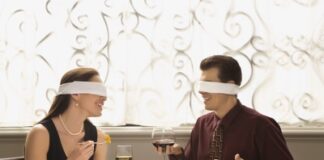 young adults having a restaurant date, blindfolded