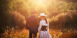 A couple on a romantic Texas vacation wear cowboy hats at sunset