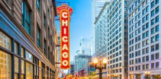 marquee of the historic Chicago Theatre - lit up at night - romantic things to do in Chicago