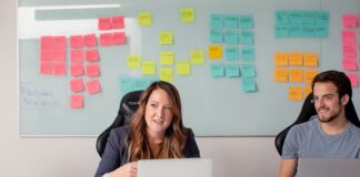 male and female employees with computers sitting in front of a white board covered in post-it notes