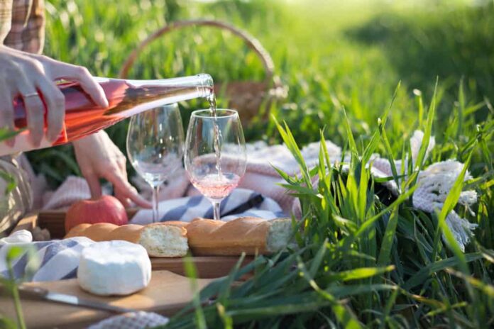 romantic things to do in provence france - image of picnic set up in green grass, rose wine being poured. cheese sits on charcuterie board