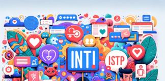 An illustrated mosaic featuring various cartoon characters holding signs with different Myers-Briggs personality type acronyms like INTJ, ENFP, ISTP, amidst a vibrant backdrop of social media and communication icons, emoticons, and abstract elements.