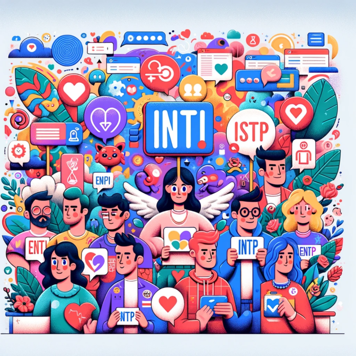 An illustrated mosaic featuring various cartoon characters holding signs with different Myers-Briggs personality type acronyms like INTJ, ENFP, ISTP, amidst a vibrant backdrop of social media and communication icons, emoticons, and abstract elements.