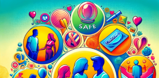 Illustration of diverse adults in a respectful social setting, with symbols like condoms and communication icons, emphasizing safety in casual relationships.