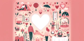A whimsical illustration featuring romantic Valentine's Day date ideas, with a central heart-shaped frame surrounded by smaller vignettes of a couple in a tent, hot air balloon, and a candlelit dinner setup, all in a cohesive pink and red color scheme.