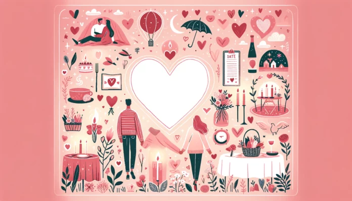 A whimsical illustration featuring romantic Valentine's Day date ideas, with a central heart-shaped frame surrounded by smaller vignettes of a couple in a tent, hot air balloon, and a candlelit dinner setup, all in a cohesive pink and red color scheme.