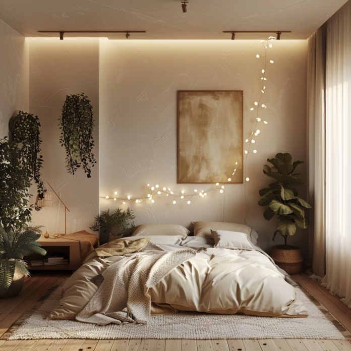cozy bed on the floor with plants